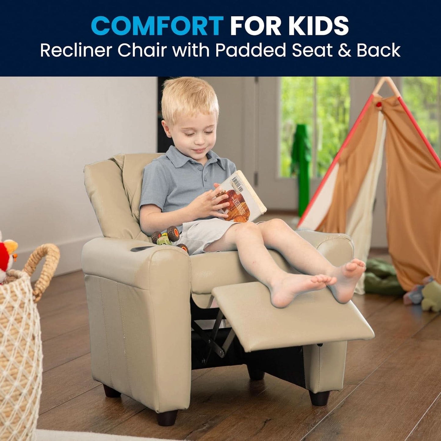 Beige Kids Recliner With Cup Holder For Cozy Seating