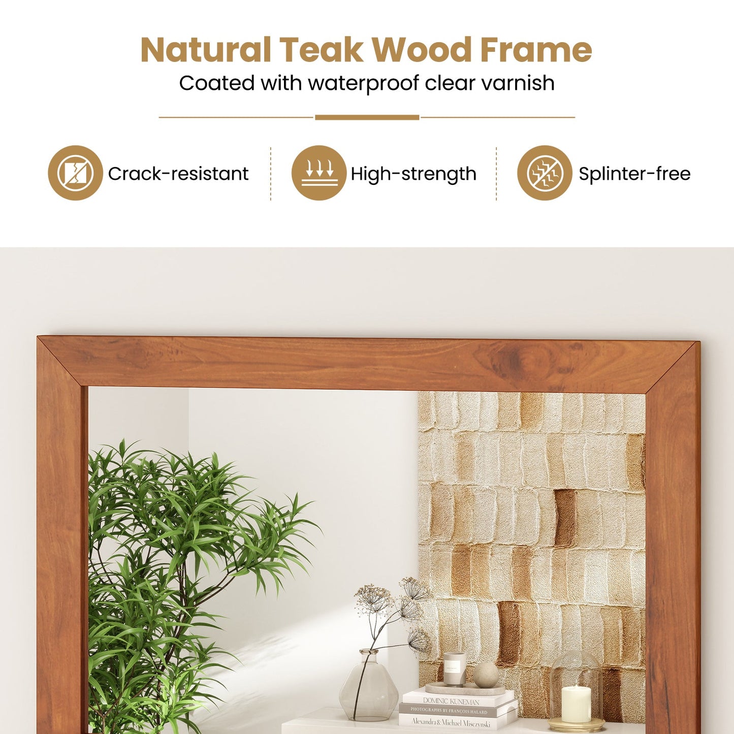 Farmhouse Wall Mirror with Shelf and Teak Wood Frame