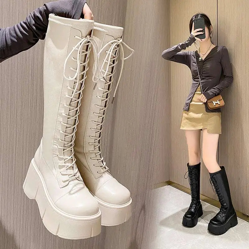 Fashion White Platform Lace Up High Boots