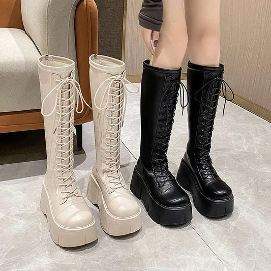 Fashion White Platform Lace Up High Boots