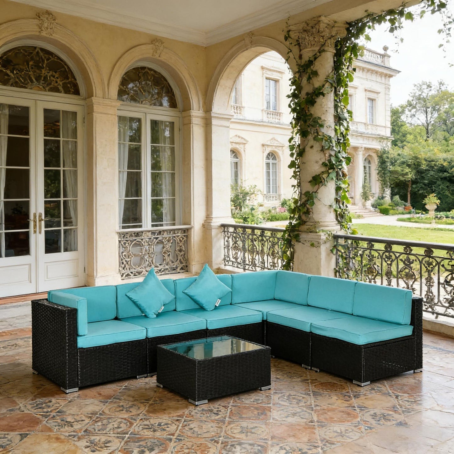 Outdoor Sectional Set PE Rattan Steel Turquoise 7pc