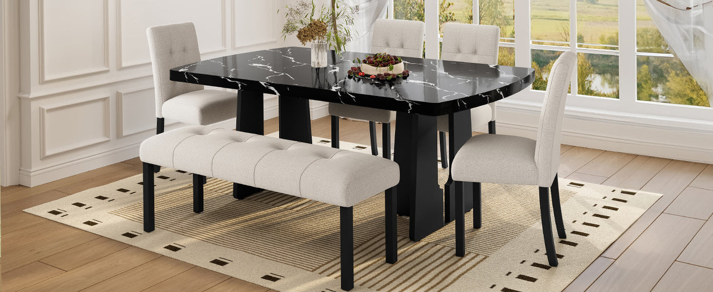 6 Piece Modern Dining Table Set, 63' Faux Marble Dining Table with Geometric
