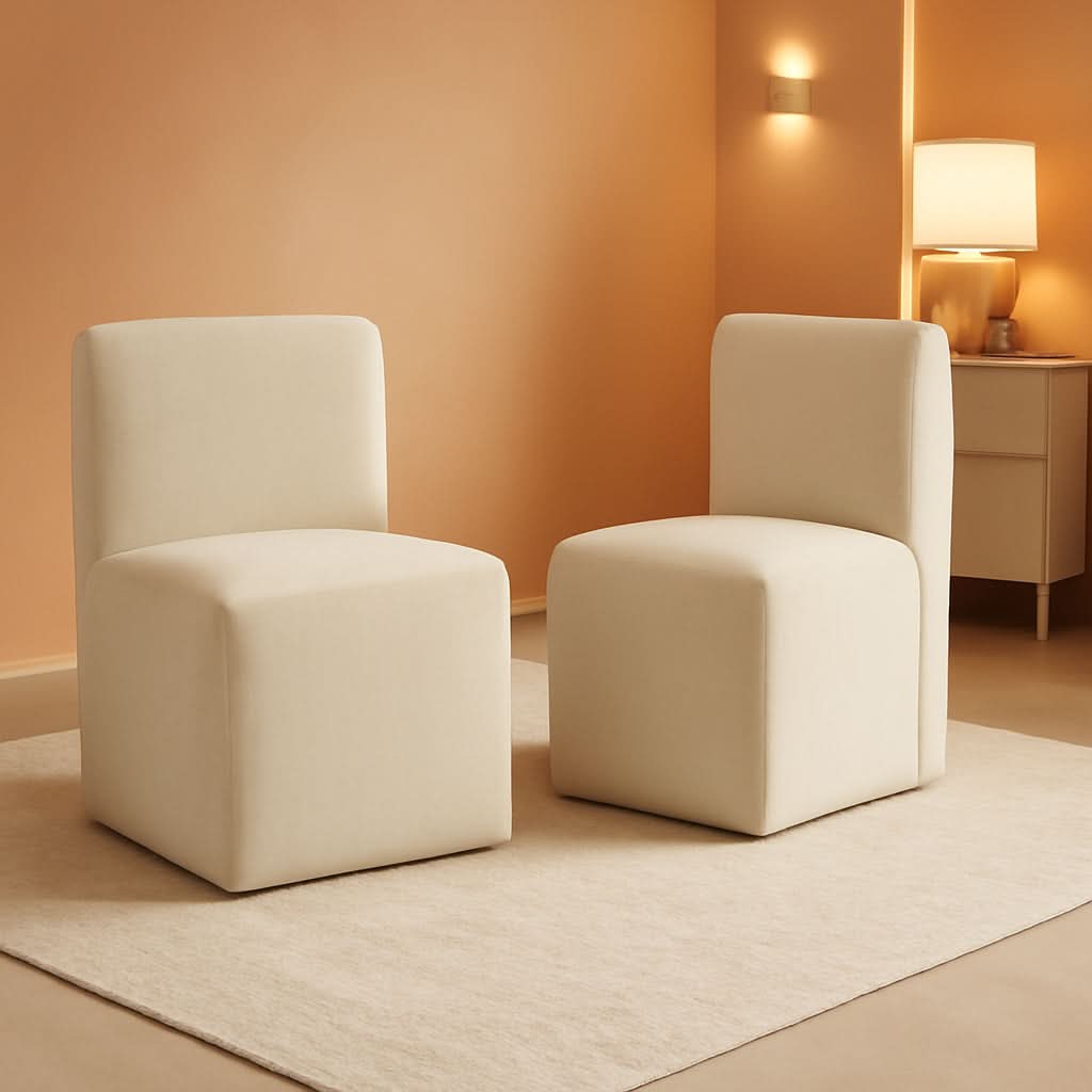 2 Linen Upholstered Armless Dining Chairs With Casters