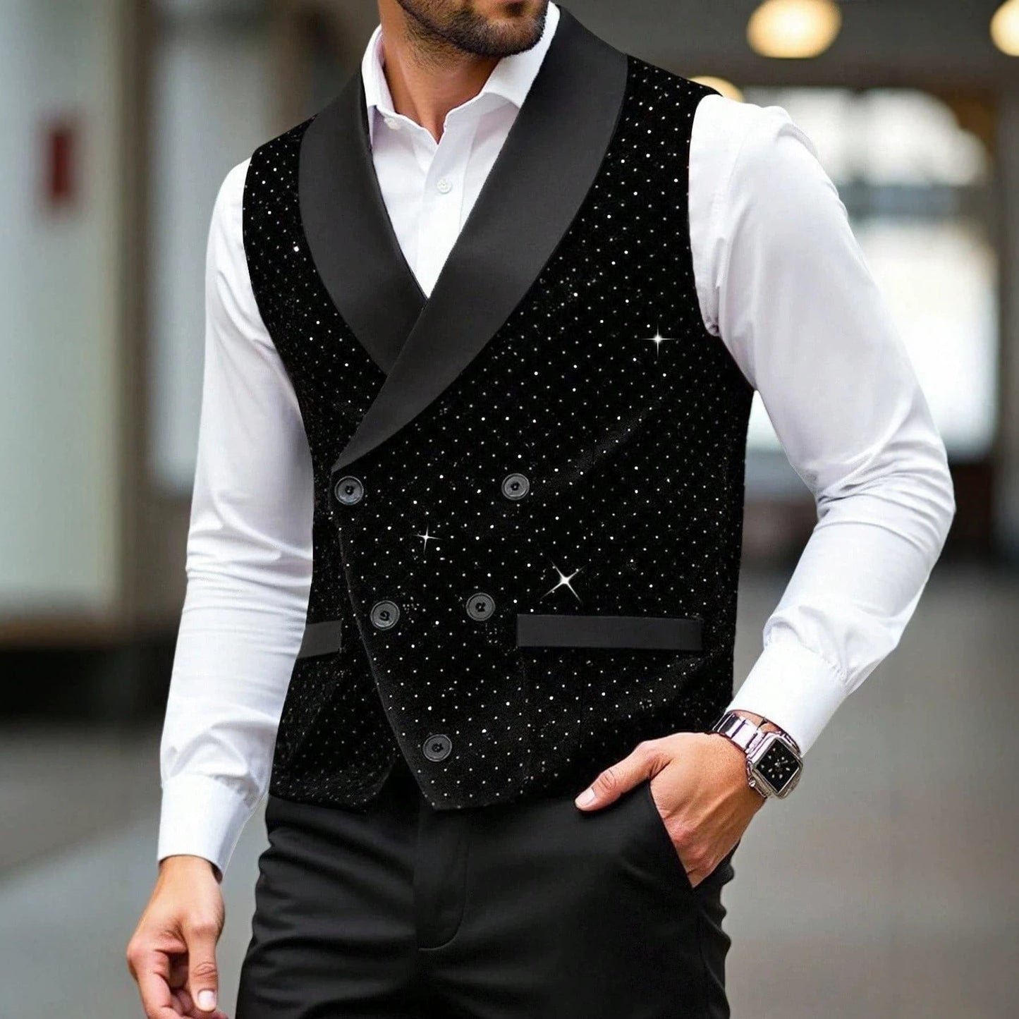 Mens Solid-Color Double-Breasted Suit Vest
