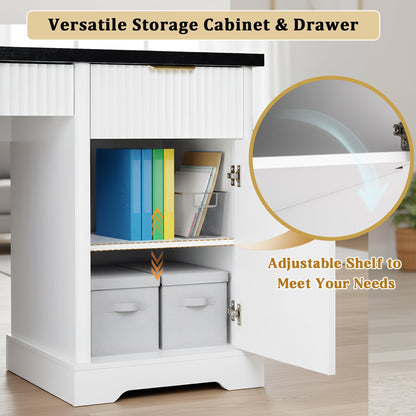 55' Modern Fluted Office Desk with Storage Cabinet and Drawers, Computer Writ...