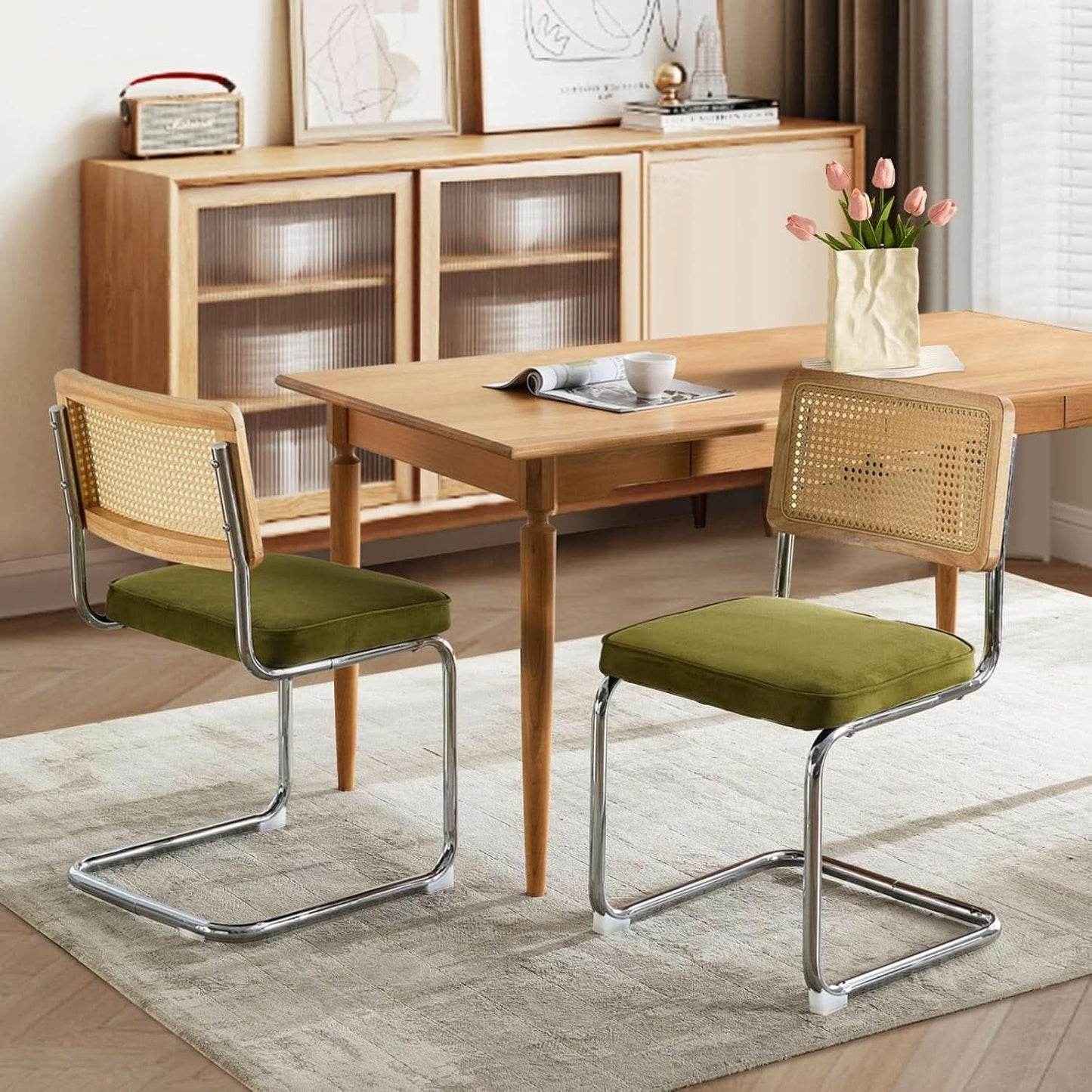 Rattan Dining Chairs Set Of 2 Green With Cane Back