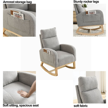 Gray Teddy Fabric Rocking Chair High Back Side Pockets 27.6
