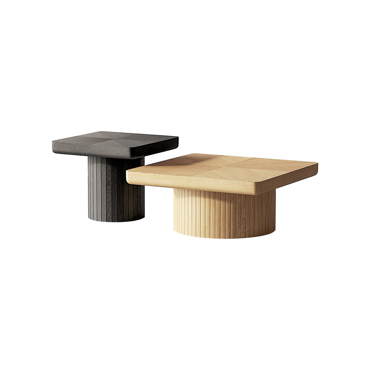 2-Piece Wood Nesting Coffee Tables, Fluted Pedestal, Living Room, Natural Black