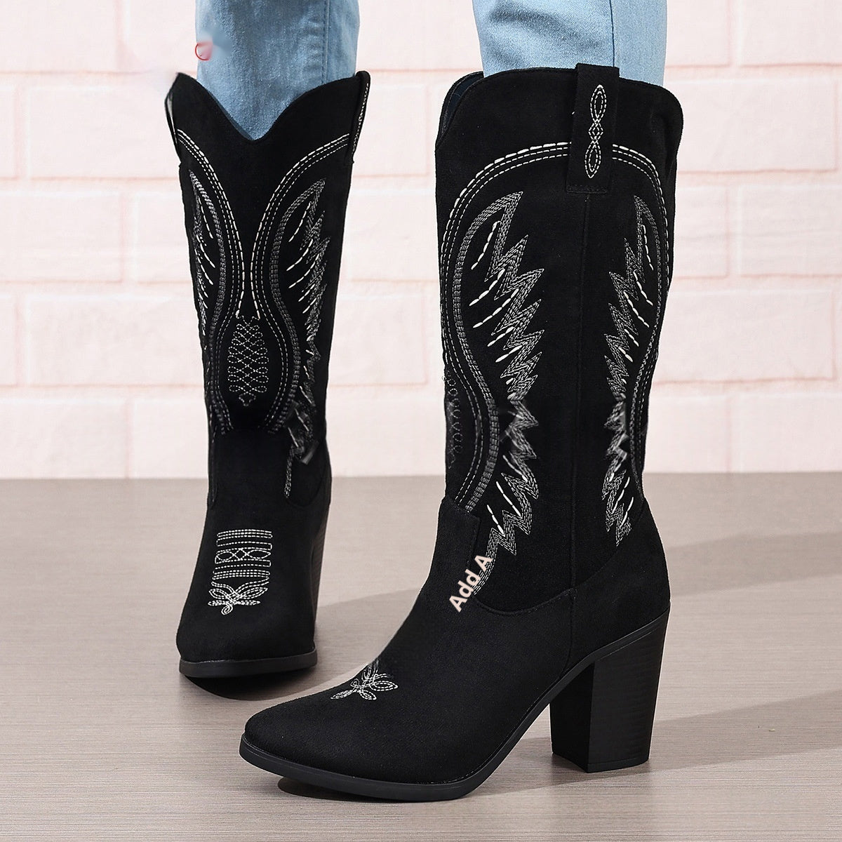 Autumn New Pointed Mid Heel High Tube Embroidered Denim Boots