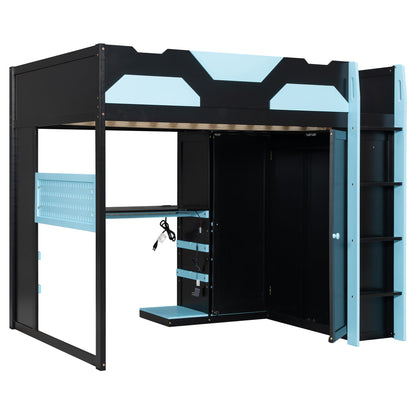 Full Size Wood Loft Bed with Desk, Multi-storage Shelves, USB and RGB Light