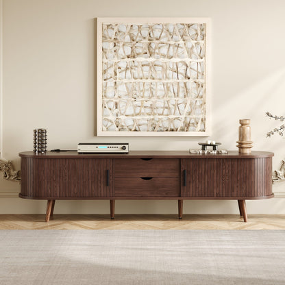 TV Stand Mid-Century Dark Brown MDF Tambour Door 2 AC 2 USB Fits 80 In TV