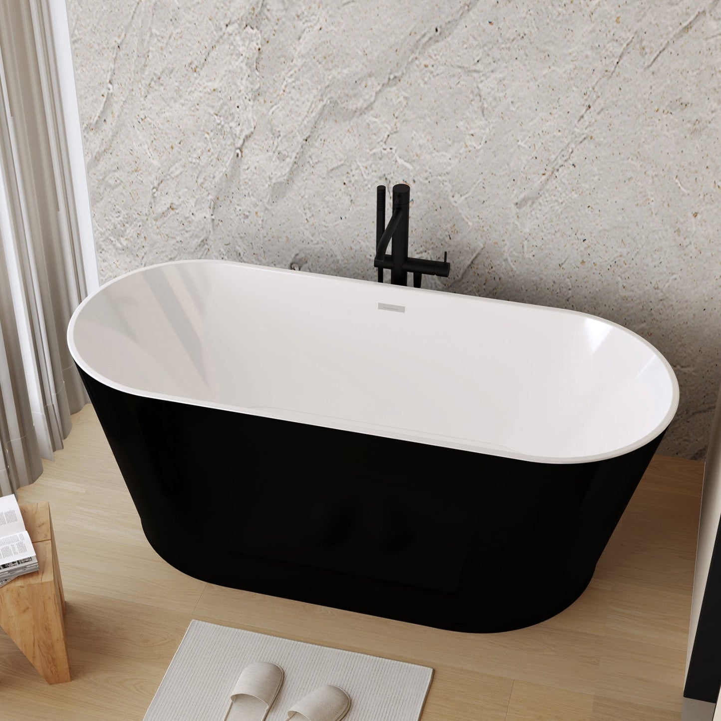 59in Glossy Black Acrylic Freestanding Soaking Tub with Chrome Drain, cUPC