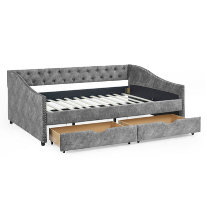 Upholstered Tufted Daybed With Drawers, Waved Arms
