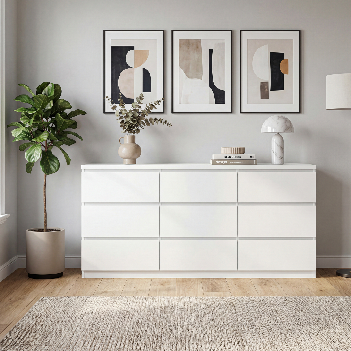 Dresser Modern 9-Drawer White Particle Board Handleless 63x15.74x29.5 In