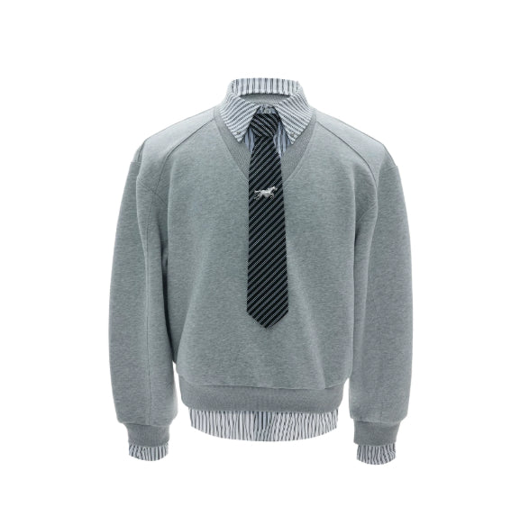 Striped Mock-two-piece Lapel Hoodie Cropped And Relaxed-fit