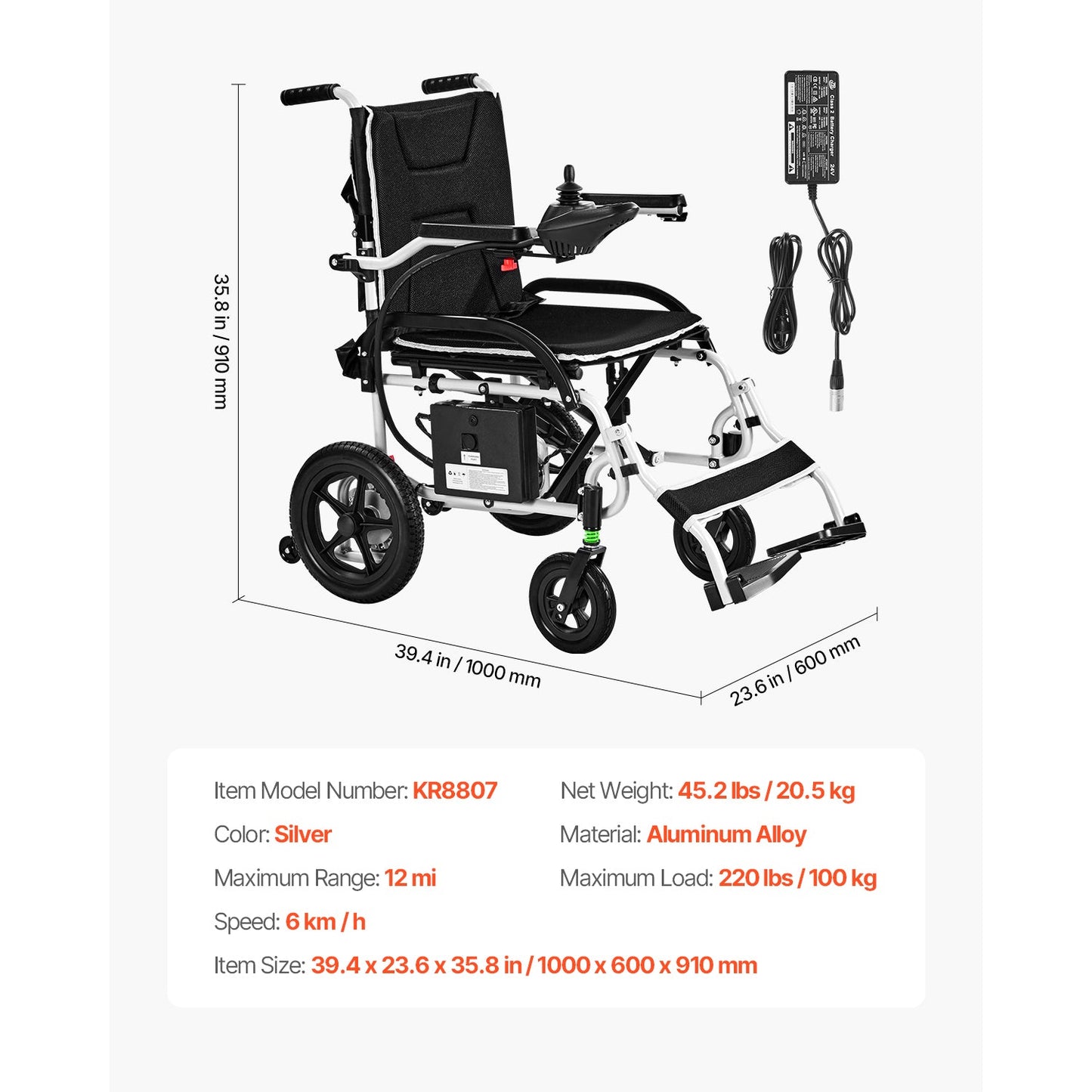 Wheelchair Electric Foldable Aluminum 220 LB 12 Mile Range 39x24x36 In