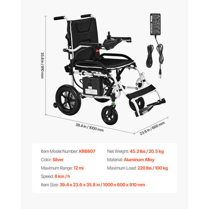 Wheelchair Electric Foldable Aluminum 220 LB 12 Mile Range 39x24x36 In
