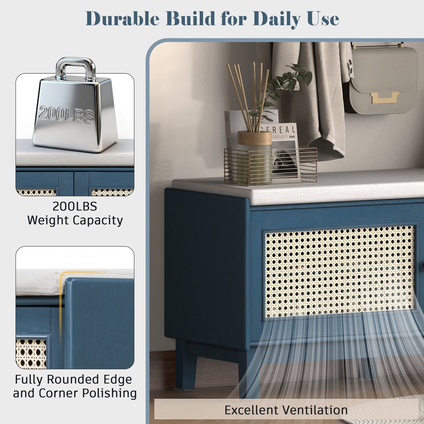 Boho Rattan Entryway Bench with Storage, Cushioned Shoe Bench with Double