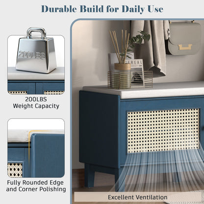 Boho Rattan Entryway Bench with Storage, Cushioned Shoe Bench with Double