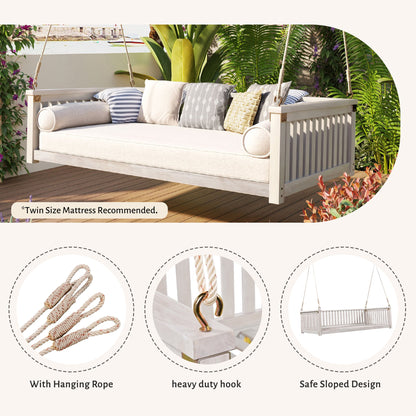 Outdoor Swing Bed Acacia Wood White Twin Size Minimalist 79.1x41.3 In 350 LB