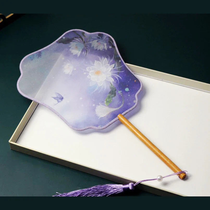 Chinese Silk Round Hand Fan with Floral Embroidery