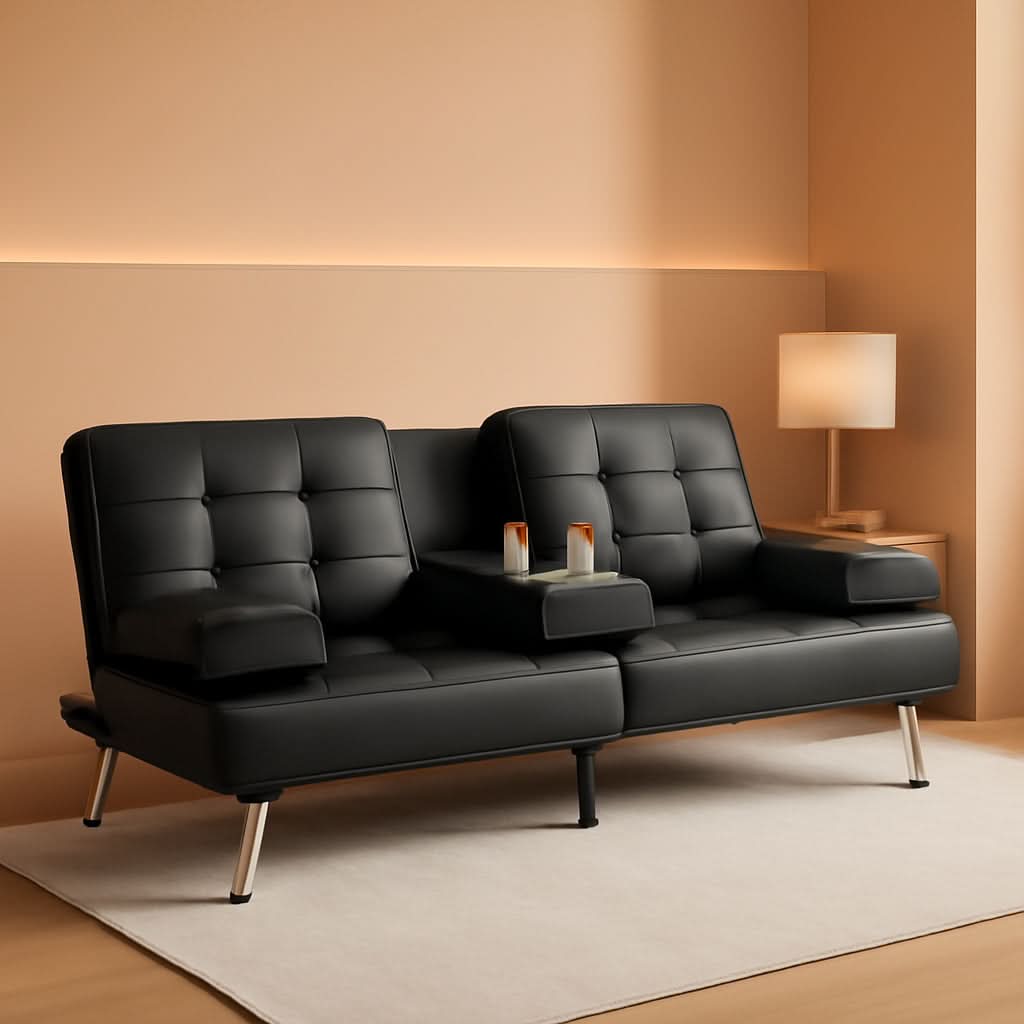 Futon Sofa Bed Black PU Leather With Cupholders Modern