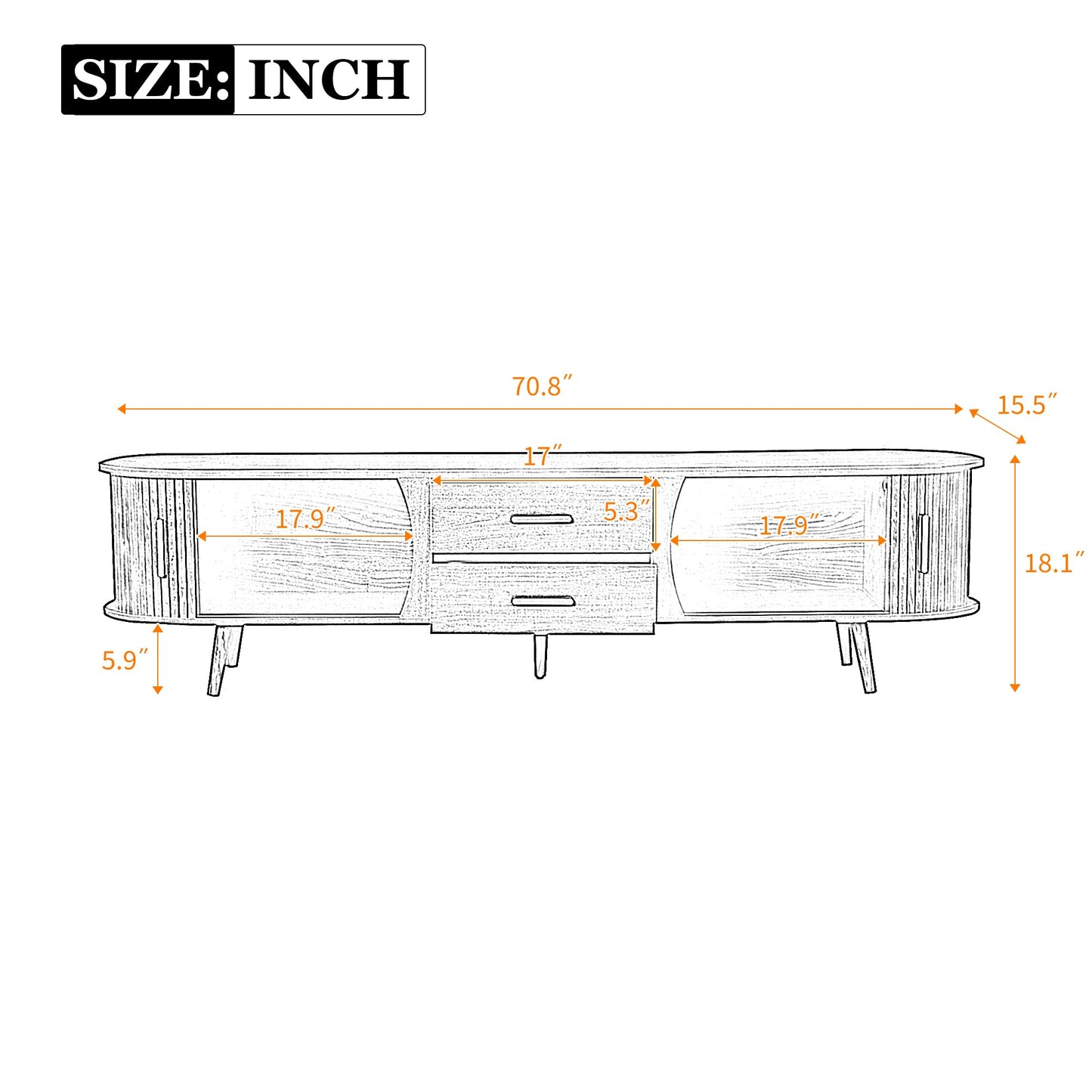 TV Stand Mid-Century Dark Brown Solid Wood Sliding Door Fits 80 In TV 70.8 In