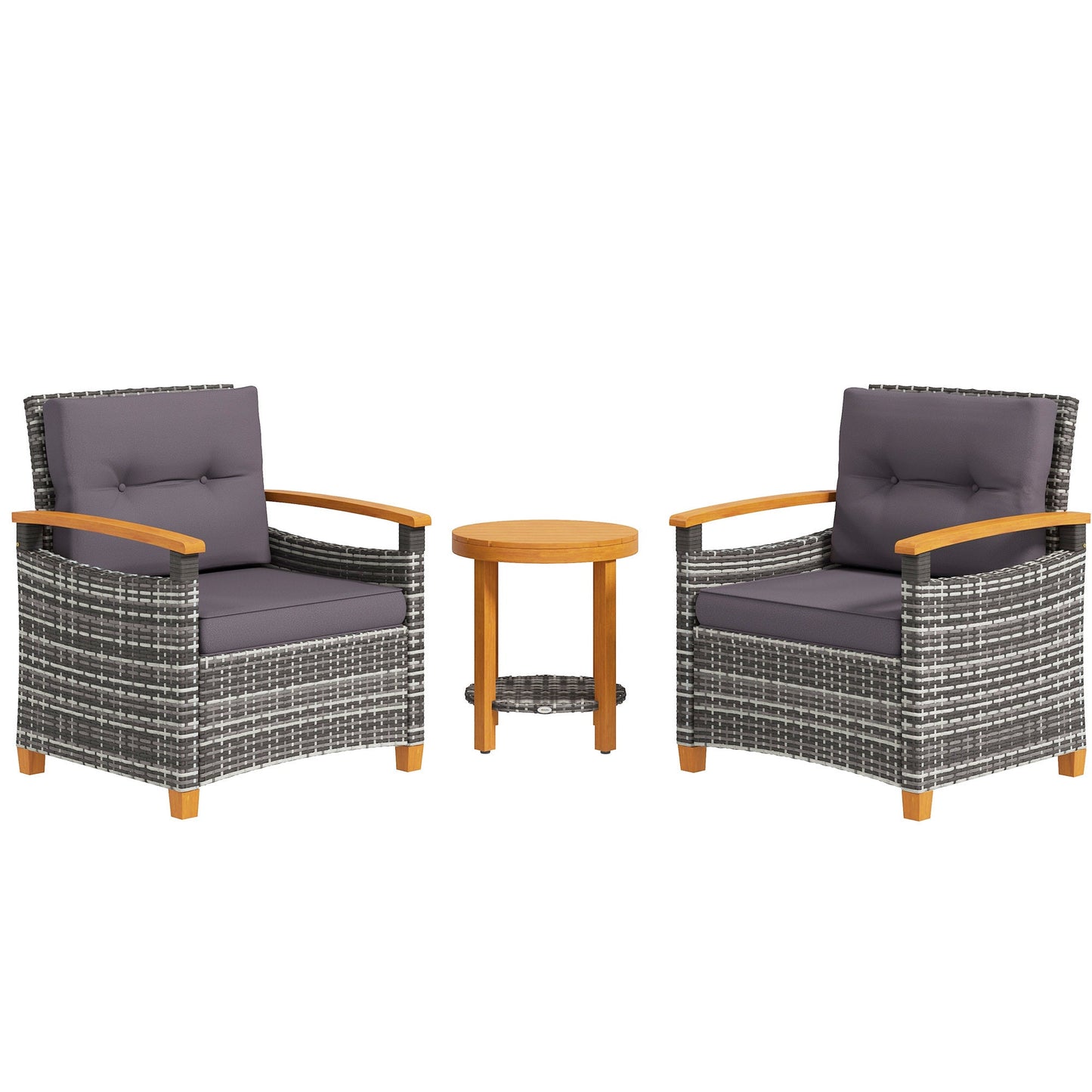 Outdoor Bistro Set PE Rattan Wood Frame Gray 3 Piece