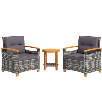 Outdoor Bistro Set PE Rattan Wood Frame Gray 3 Piece