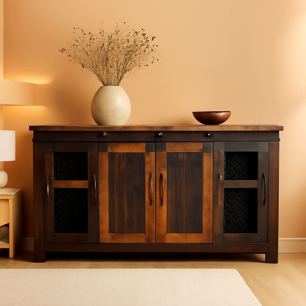 65 Inch Solid Wood TV Stand Antique Black Distressed Pine
