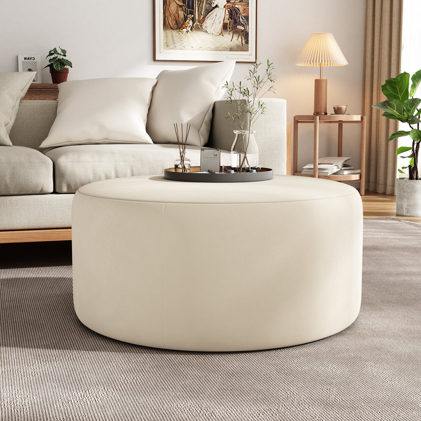 Round Velvet Ottoman, Cream, 30x30x16 Inch