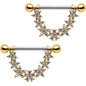 9/16 Clear CZ Gem Gold Tone Daisy Flower Chain Dangle Nipple Ring Set