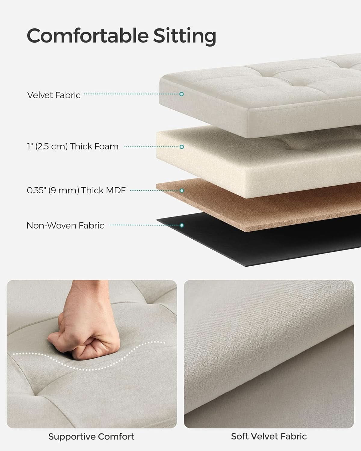 Cream White Storage Ottoman Bench Foldable 15x43x15
