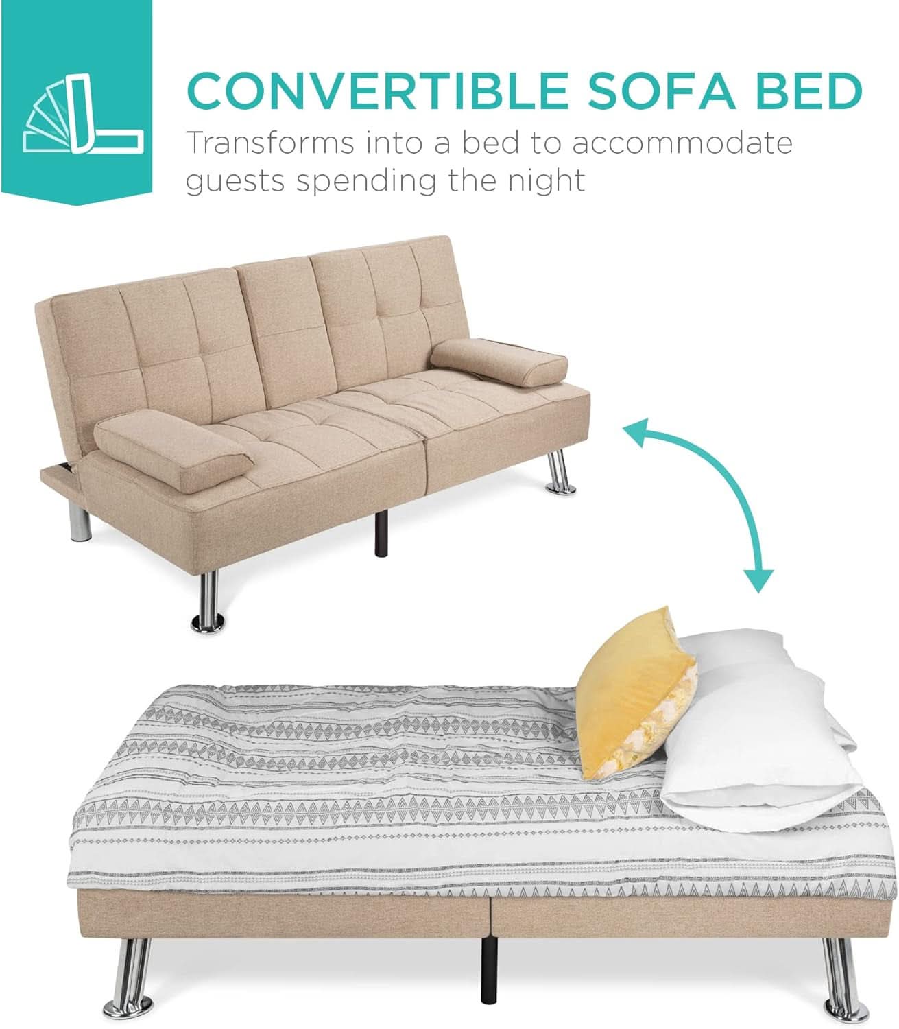 Beige Linen Folding Futon With Three Position Recline