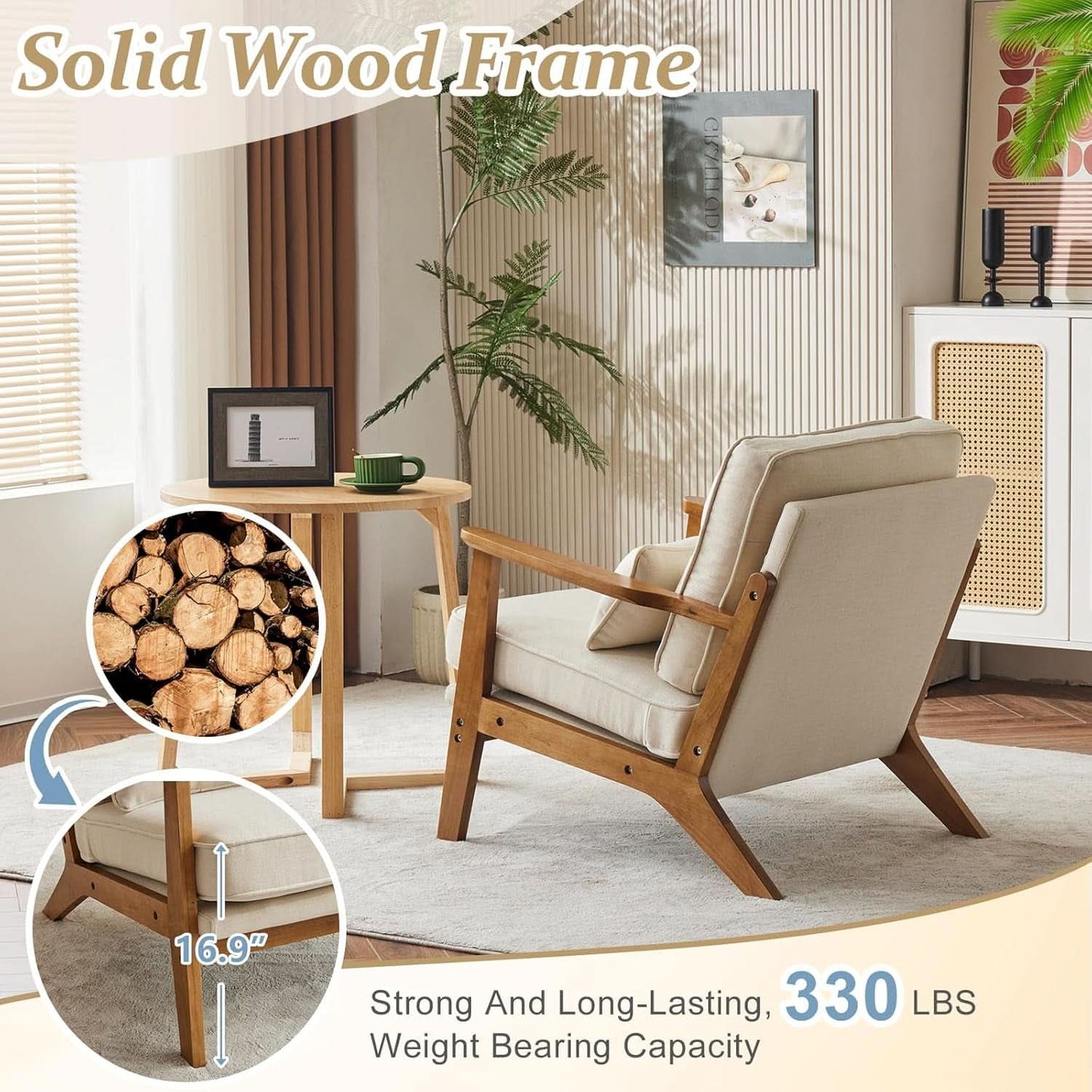 Beige Linen Upholstered Accent Chair Wide Armrests