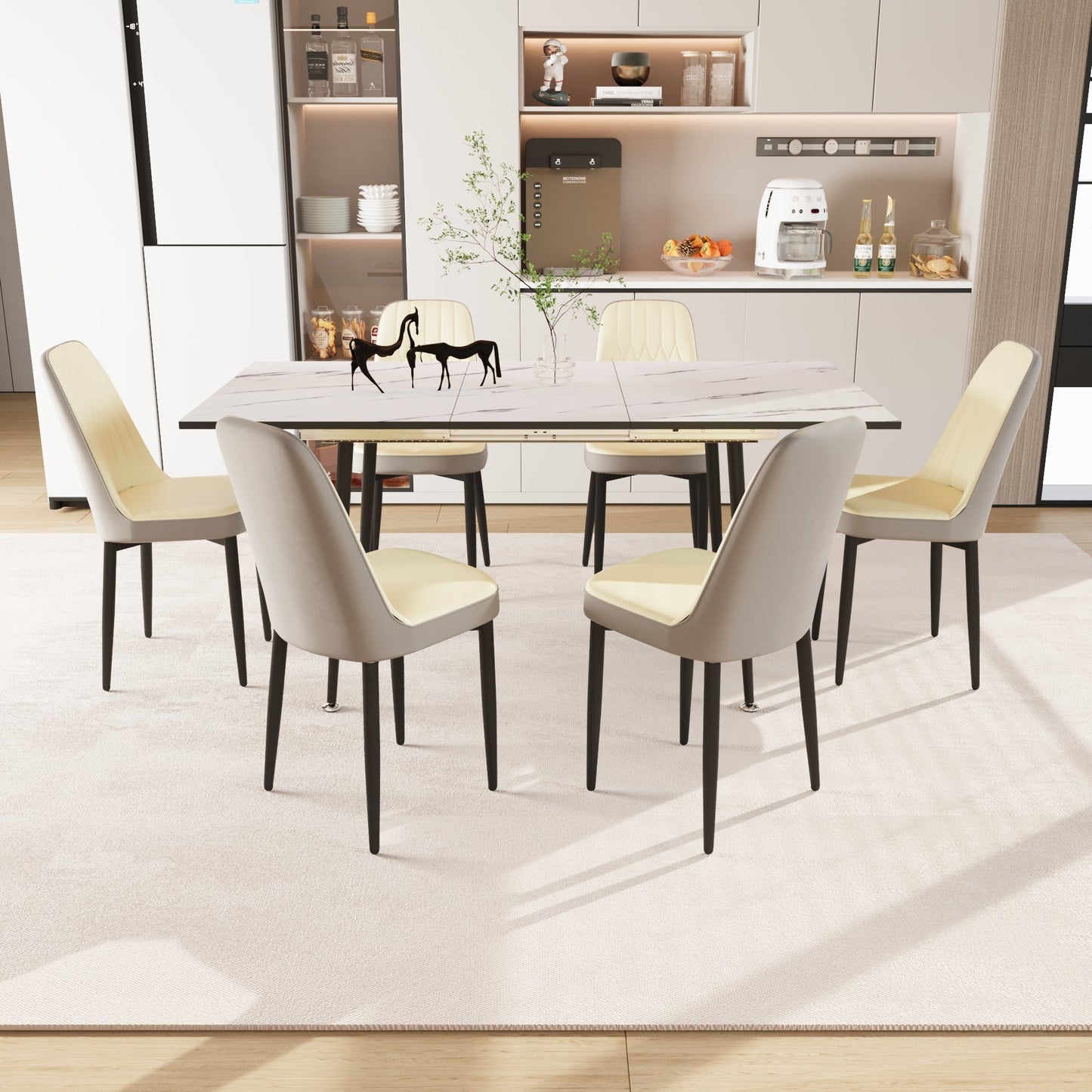 47'-63' expandable dining table set for 2-6 people, equipped with PU fabric