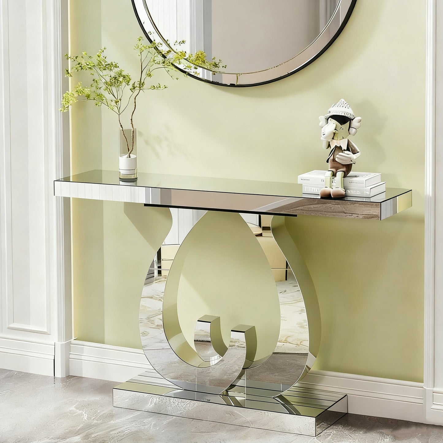 Modern Mirror Side Table, Glass, Double C-Shaped Base, Hall Table, Silver