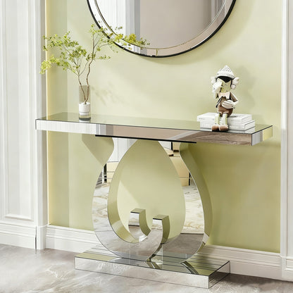 Modern Mirror Side Table, Glass, Double C-Shaped Base, Hall Table, Silver