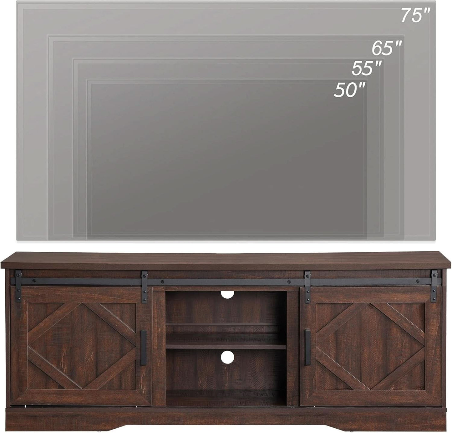 75 Inch Rustic Brown Barn Door TV Stand With Storage
