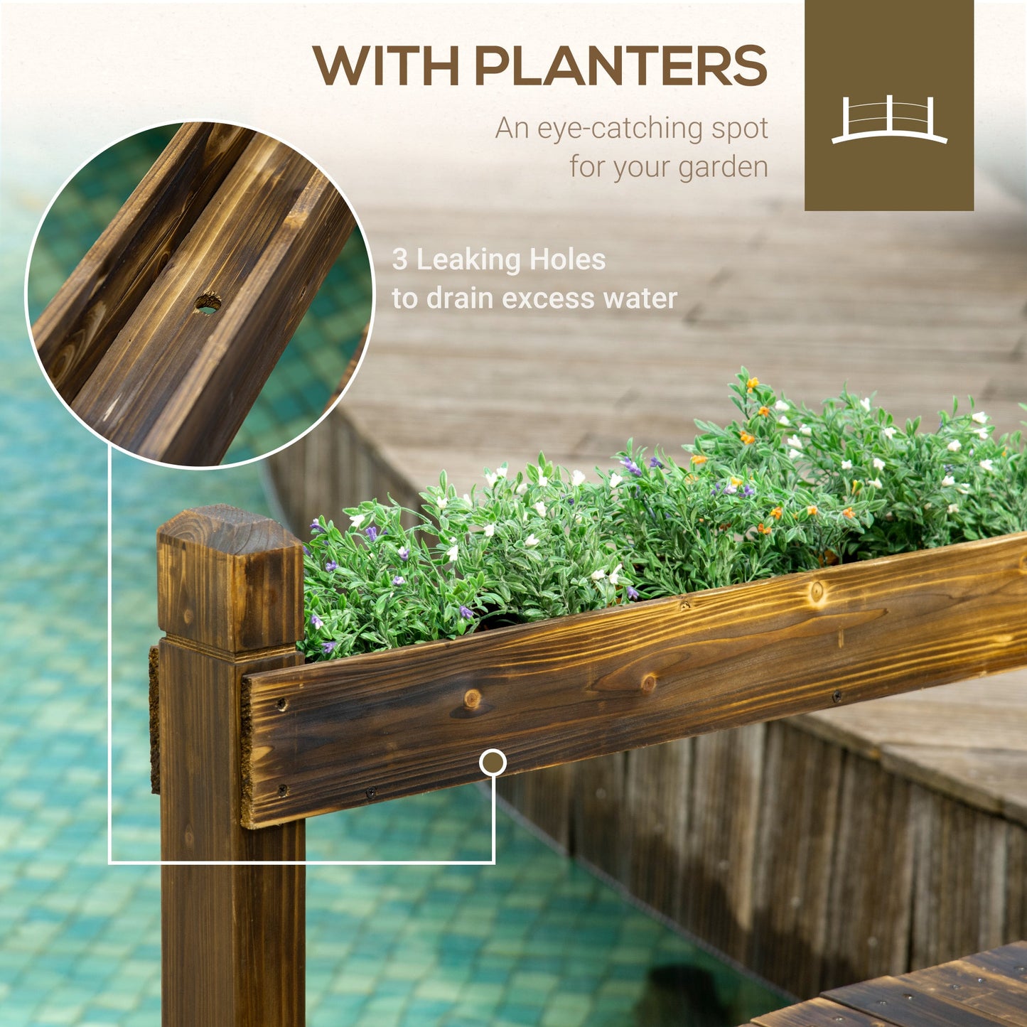 7.5 Wooden Garden Bridge with Planters, Stained Finish Arc Footbridge with Safety Railings for Backyard, Pond Stream, Stained Wood