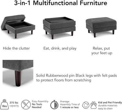 Iron Gray Chenille Reinforced Storage Ottoman Tray