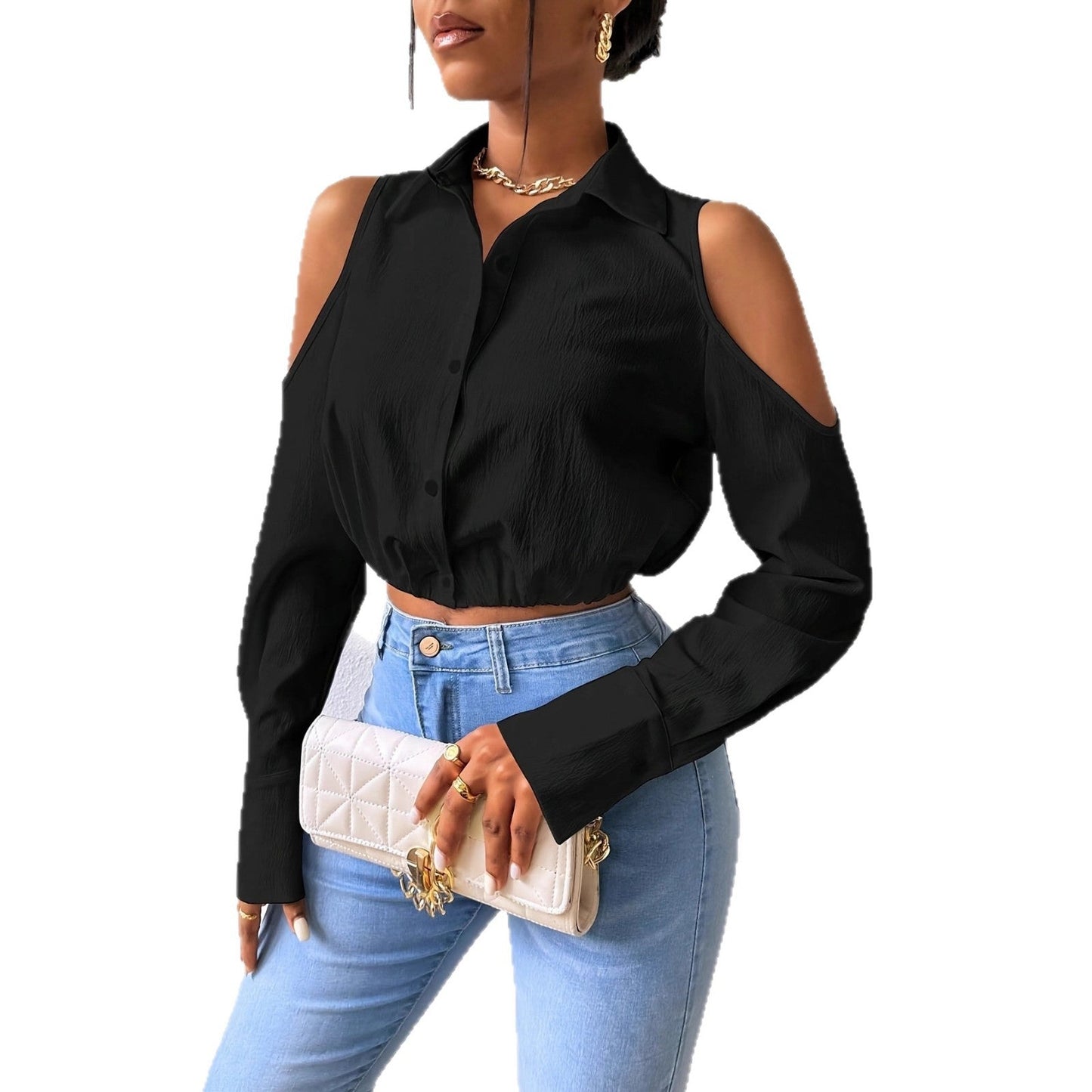 Womens Lapel-button-up Cardigan With A Sophisticated Blouse Design
