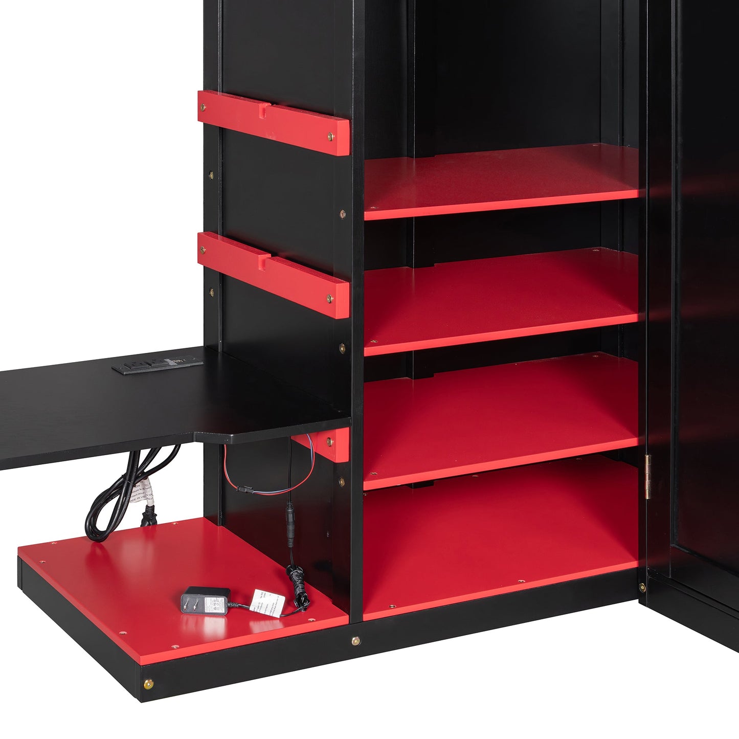 Full Size Wood Loft Bed with Desk, Multi-storage Shelves,USB and RGB Light, Red