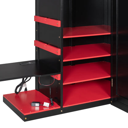 Full Size Wood Loft Bed with Desk, Multi-storage Shelves,USB and RGB Light, Red