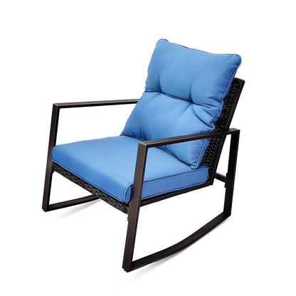 Outdoor Bistro Set Wicker Iron Blue 3 Piece Rocking Chairs Cushions Seats 2
