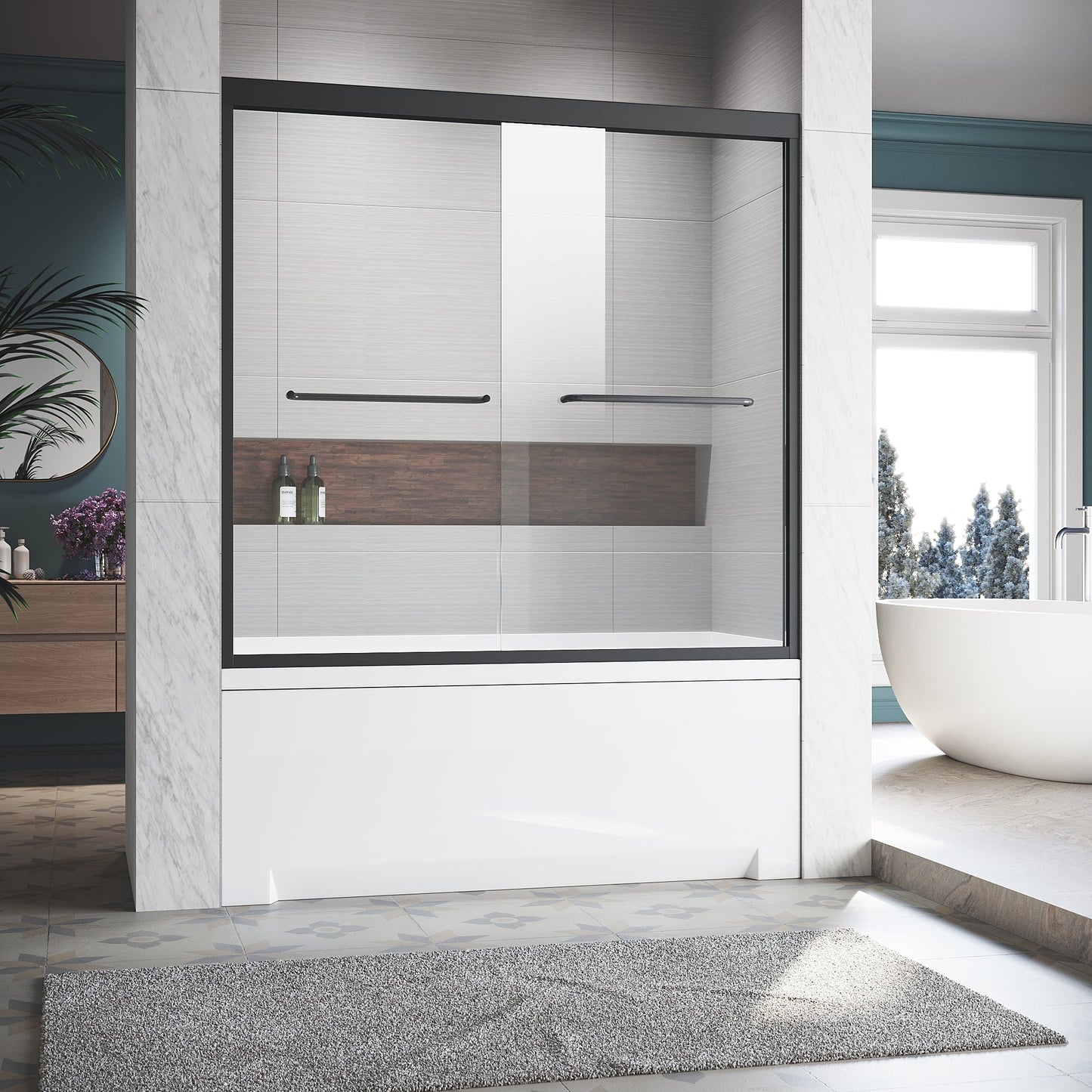 Sliding Glass Tub Door 56-60 in. W x 57 in. H, Matte Black Semi Frameless Dou