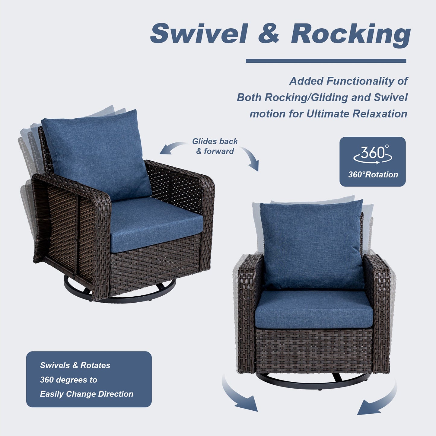 Outdoor Patio Set PE Rattan Swivel Chairs Blue Cushion