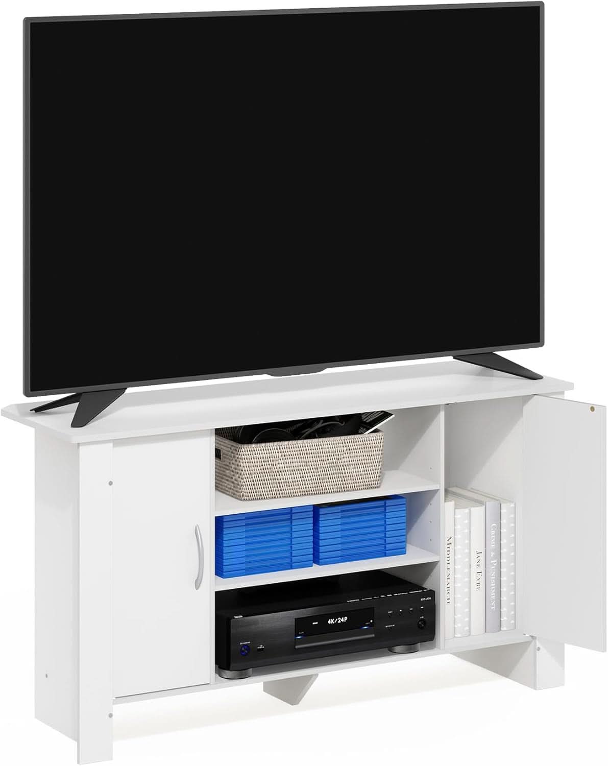 50 Inch White TV Stand With Concealed Storage And Shelves