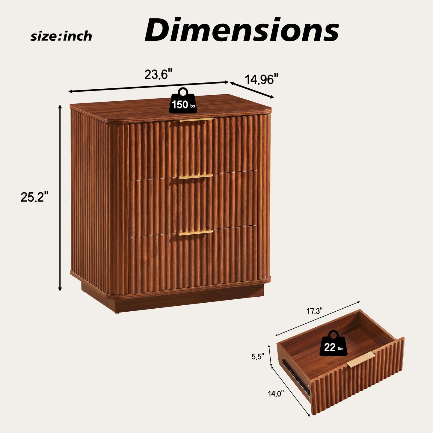 3-Drawer Nightstand Set of 2, 23.6 in Wide, Curved Wave Design, Walnut