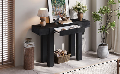 Rustic Console Table, Hidden Drawer, Side Power Outlet, Entryway Table, Black